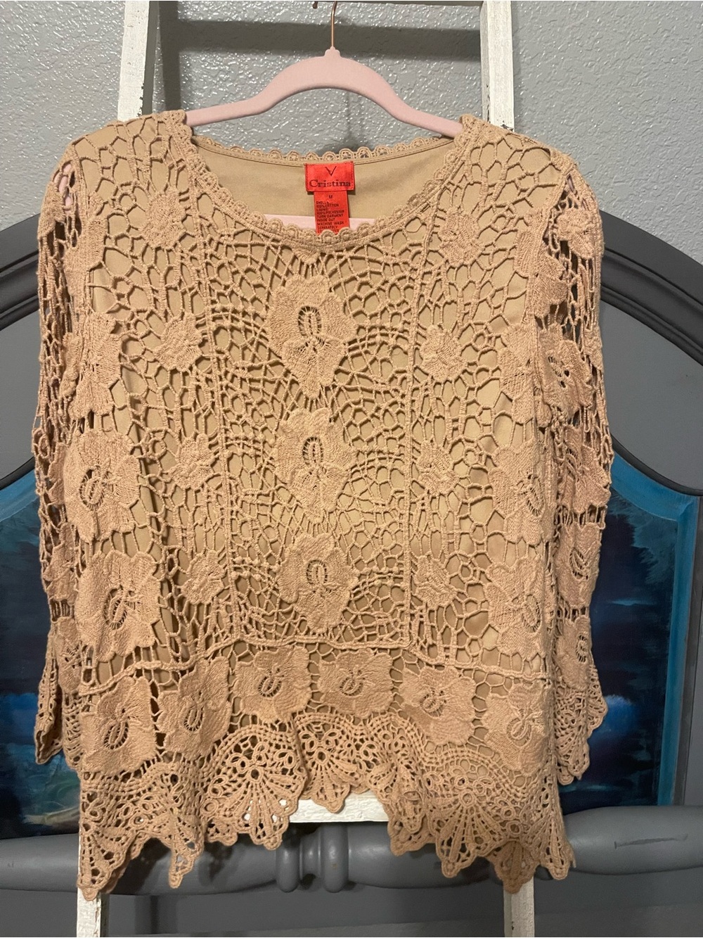 Crocheted Lace Tunic Top in Beige - Evintage